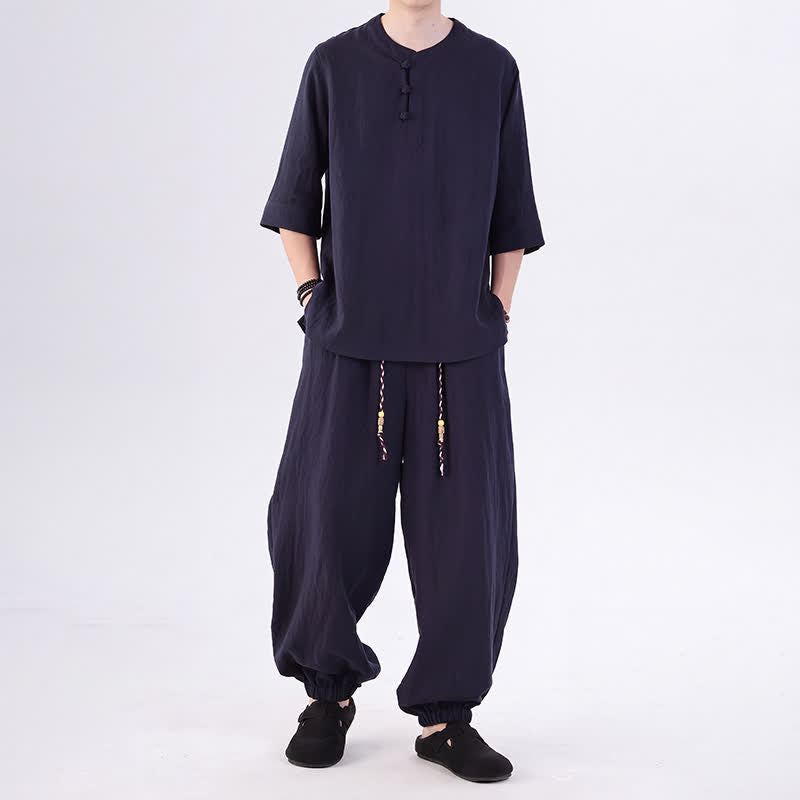 Buddha Stones Chemise et pantalon style Tang printemps-été, manches 3/4, couleur unie, avec poches, style grenouille. - Bleu nuit - US/UK/AU46，EU56 (5XL) - image 40