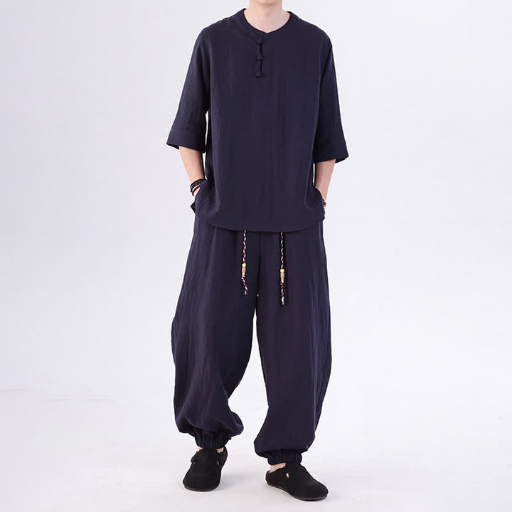Buddha Stones Chemise et pantalon style Tang printemps-été, manches 3/4, couleur unie, avec poches, style grenouille. - Bleu nuit - US/UK/AU46，EU56 (5XL) - image 40