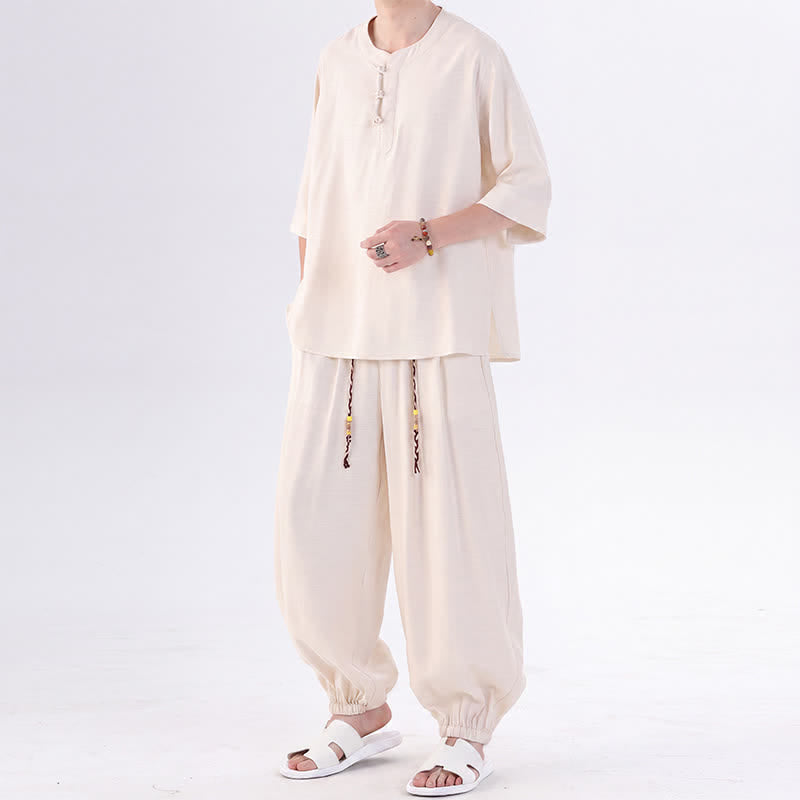 Buddha Stones Chemise et pantalon style Tang printemps-été, manches 3/4, couleur unie, avec poches, style grenouille. - image 3