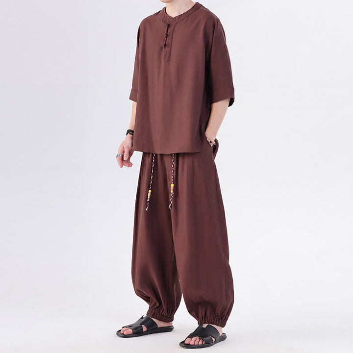Buddha Stones Chemise et pantalon style Tang printemps-été, manches 3/4, couleur unie, avec poches, style grenouille. - image 38
