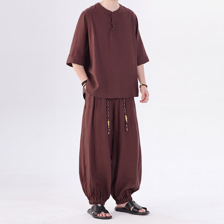 Buddha Stones Chemise et pantalon style Tang printemps-été, manches 3/4, couleur unie, avec poches, style grenouille. - image 39