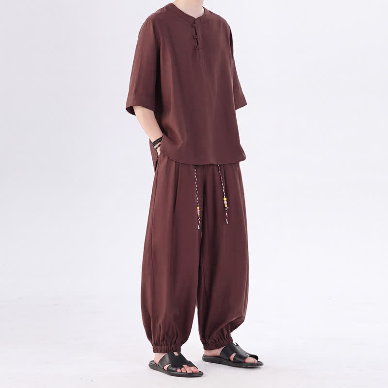 Buddha Stones Chemise et pantalon style Tang printemps-été, manches 3/4, couleur unie, avec poches, style grenouille. - image 37