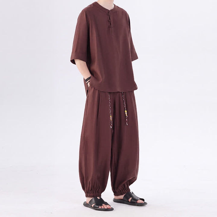 Buddha Stones Chemise et pantalon style Tang printemps-été, manches 3/4, couleur unie, avec poches, style grenouille. - image 37