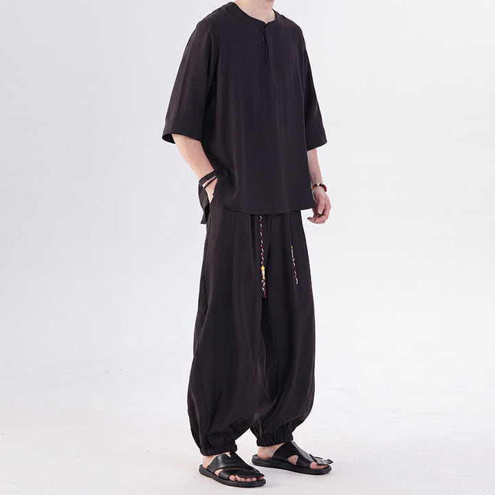 Buddha Stones Chemise et pantalon style Tang printemps-été, manches 3/4, couleur unie, avec poches, style grenouille. - image 29