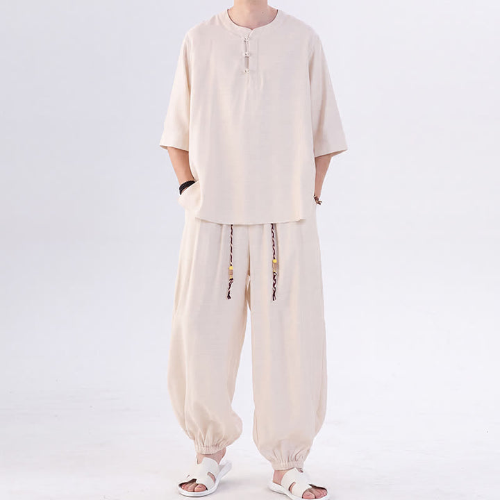 Buddha Stones Chemise et pantalon style Tang printemps-été, manches 3/4, couleur unie, avec poches, style grenouille. - image 4