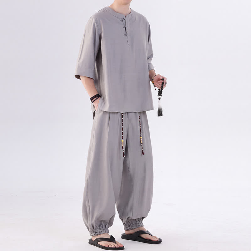 Buddha Stones Chemise et pantalon style Tang printemps-été, manches 3/4, couleur unie, avec poches, style grenouille. - image 13