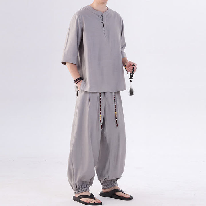 Buddha Stones Chemise et pantalon style Tang printemps-été, manches 3/4, couleur unie, avec poches, style grenouille. - image 13
