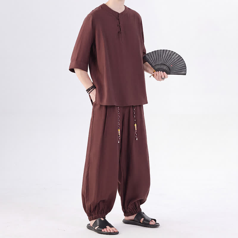 Buddha Stones Chemise et pantalon style Tang printemps-été, manches 3/4, couleur unie, avec poches, style grenouille. - image 31