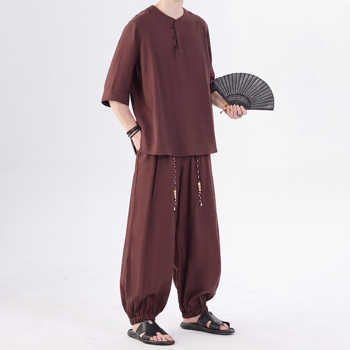 Buddha Stones Chemise et pantalon style Tang printemps-été, manches 3/4, couleur unie, avec poches, style grenouille. - image 31