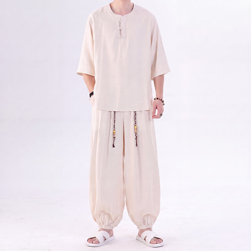 Buddha Stones Chemise et pantalon style Tang printemps-été, manches 3/4, couleur unie, avec poches, style grenouille. - image 1