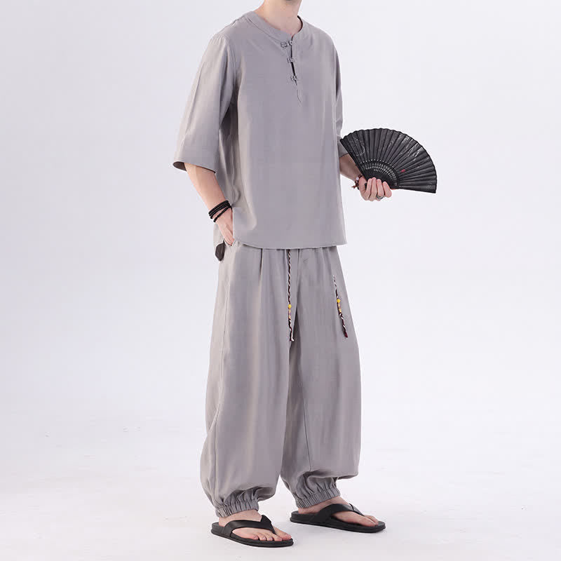 Buddha Stones Chemise et pantalon style Tang printemps-été, manches 3/4, couleur unie, avec poches, style grenouille. - image 16
