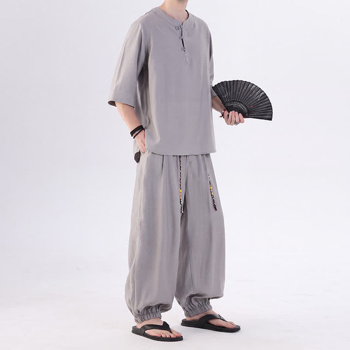Buddha Stones Chemise et pantalon style Tang printemps-été, manches 3/4, couleur unie, avec poches, style grenouille. - image 16