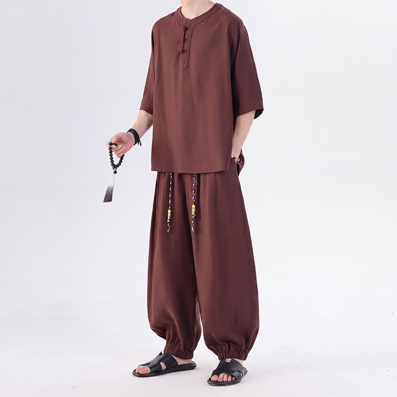 Buddha Stones Chemise et pantalon style Tang printemps-été, manches 3/4, couleur unie, avec poches, style grenouille. - image 35