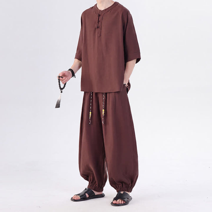 Buddha Stones Chemise et pantalon style Tang printemps-été, manches 3/4, couleur unie, avec poches, style grenouille. - image 35