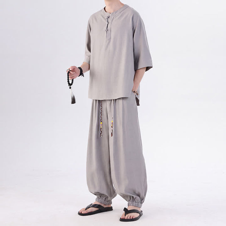 Buddha Stones Chemise et pantalon style Tang printemps-été, manches 3/4, couleur unie, avec poches, style grenouille. - image 14