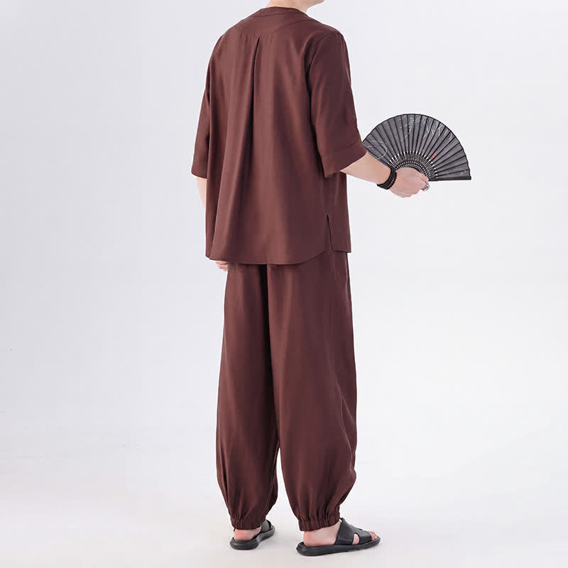 Buddha Stones Chemise et pantalon style Tang printemps-été, manches 3/4, couleur unie, avec poches, style grenouille. - image 33