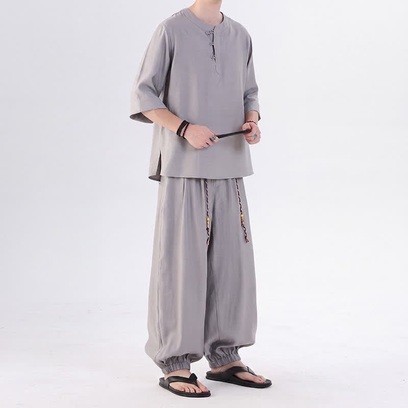 Buddha Stones Chemise et pantalon style Tang printemps-été, manches 3/4, couleur unie, avec poches, style grenouille. - image 18