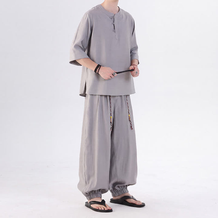 Buddha Stones Chemise et pantalon style Tang printemps-été, manches 3/4, couleur unie, avec poches, style grenouille. - image 18