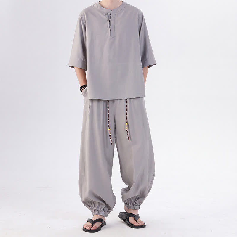 Buddha Stones Chemise et pantalon style Tang printemps-été, manches 3/4, couleur unie, avec poches, style grenouille. - Argent - US/UK/AU46，EU56 (5XL) - image 11
