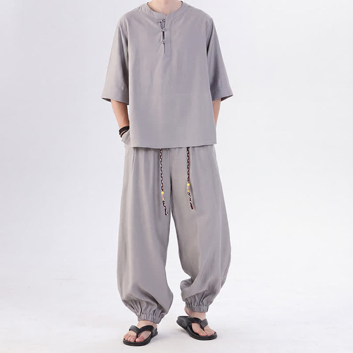 Buddha Stones Chemise et pantalon style Tang printemps-été, manches 3/4, couleur unie, avec poches, style grenouille. - Argent - US/UK/AU46，EU56 (5XL) - image 11