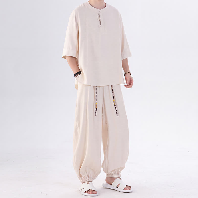 Buddha Stones Chemise et pantalon style Tang printemps-été, manches 3/4, couleur unie, avec poches, style grenouille. - image 5