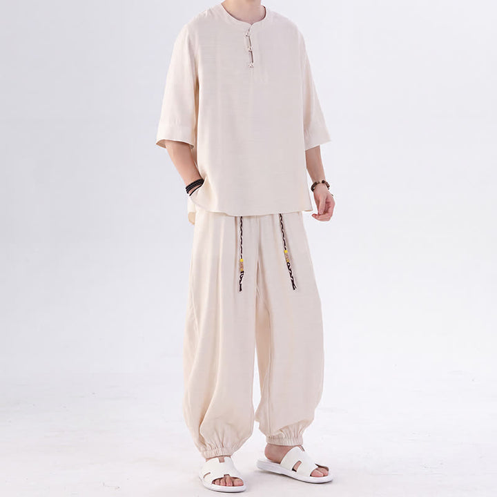 Buddha Stones Chemise et pantalon style Tang printemps-été, manches 3/4, couleur unie, avec poches, style grenouille. - image 5