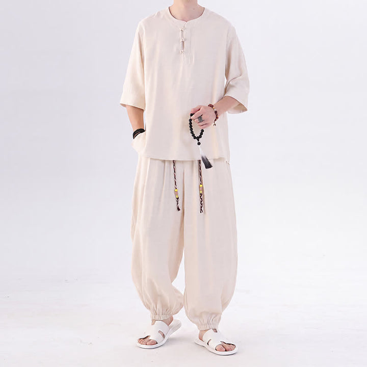 Buddha Stones Chemise et pantalon style Tang printemps-été, manches 3/4, couleur unie, avec poches, style grenouille. - Blanc antique - US/UK/AU46，EU56 (5XL) - image 0