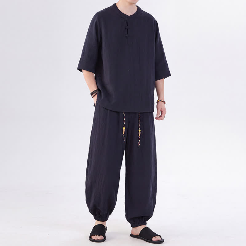 Buddha Stones Chemise et pantalon style Tang printemps-été, manches 3/4, couleur unie, avec poches, style grenouille. - image 47