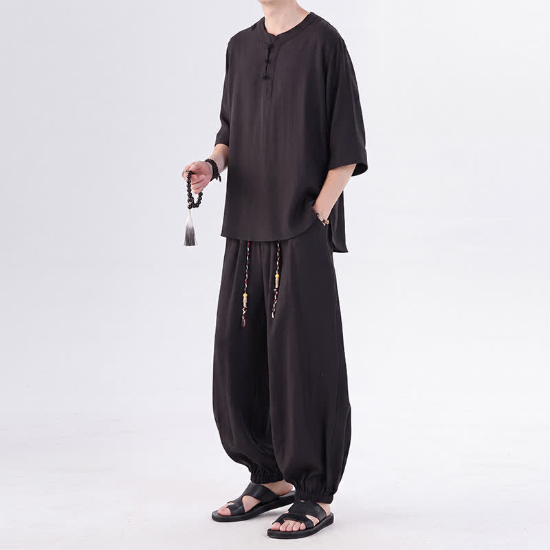 Buddha Stones Chemise et pantalon style Tang printemps-été, manches 3/4, couleur unie, avec poches, style grenouille. - image 23