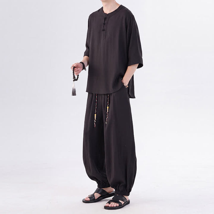 Buddha Stones Chemise et pantalon style Tang printemps-été, manches 3/4, couleur unie, avec poches, style grenouille. - image 23