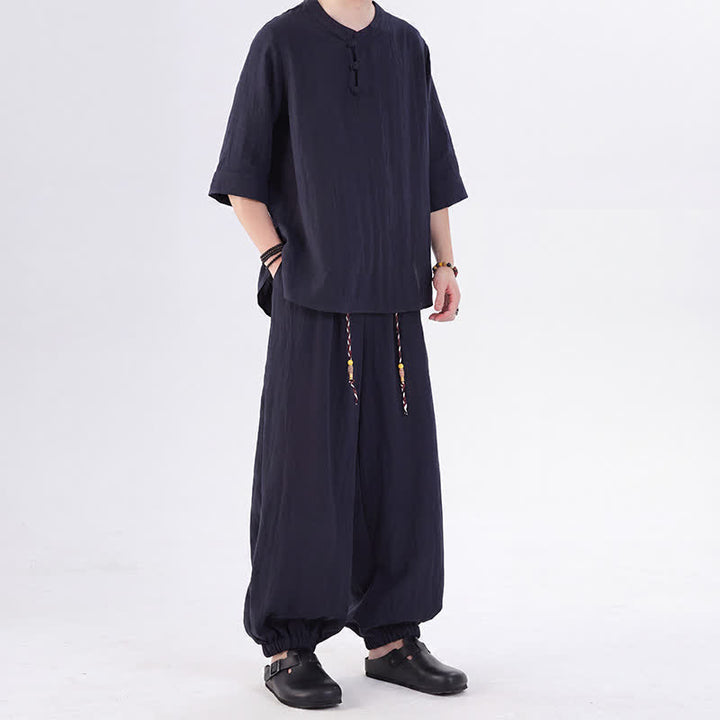 Buddha Stones Chemise et pantalon style Tang printemps-été, manches 3/4, couleur unie, avec poches, style grenouille. - image 48