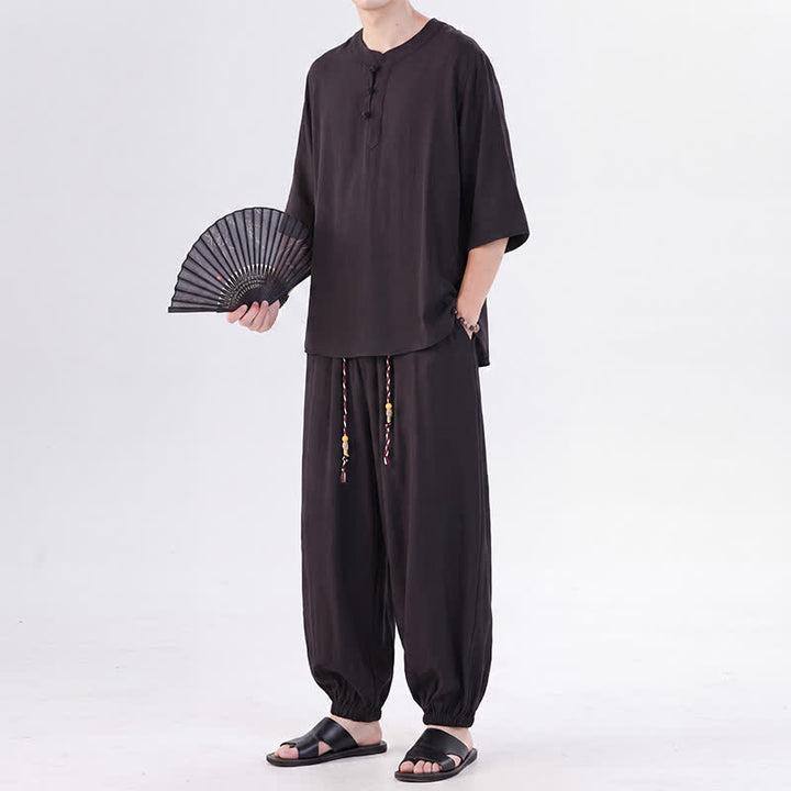 Buddha Stones Chemise et pantalon style Tang printemps-été, manches 3/4, couleur unie, avec poches, style grenouille. - image 26