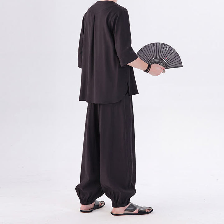 Buddha Stones Chemise et pantalon style Tang printemps-été, manches 3/4, couleur unie, avec poches, style grenouille. - image 22