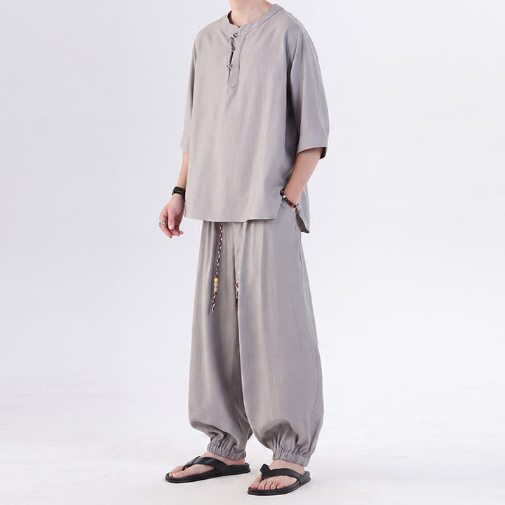 Buddha Stones Chemise et pantalon style Tang printemps-été, manches 3/4, couleur unie, avec poches, style grenouille. - image 15