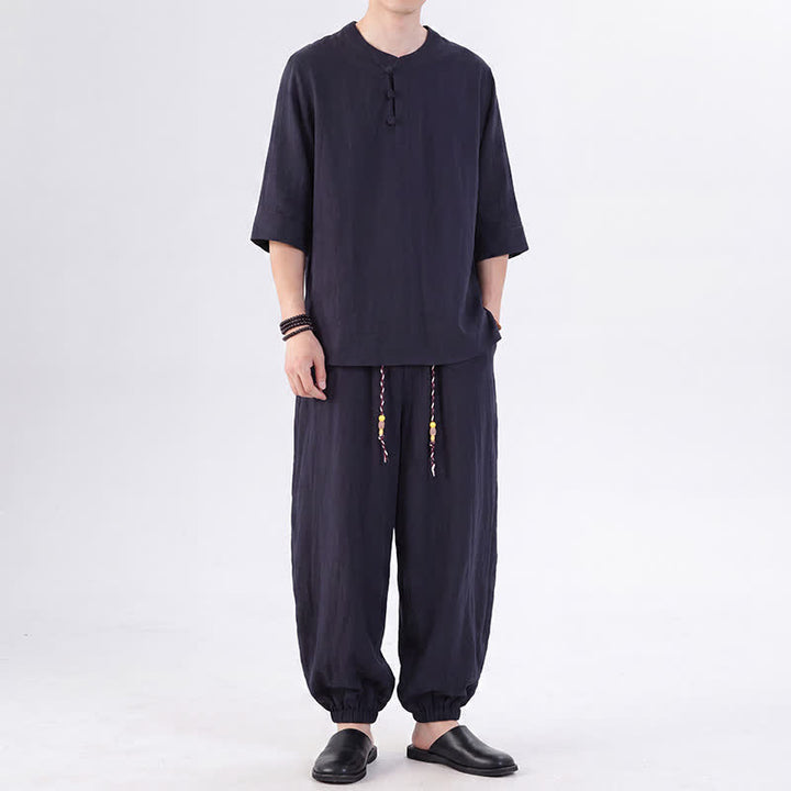 Buddha Stones Chemise et pantalon style Tang printemps-été, manches 3/4, couleur unie, avec poches, style grenouille. - image 46