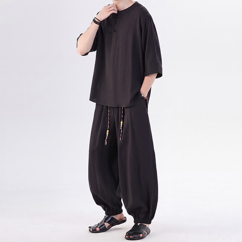 Buddha Stones Chemise et pantalon style Tang printemps-été, manches 3/4, couleur unie, avec poches, style grenouille. - image 25