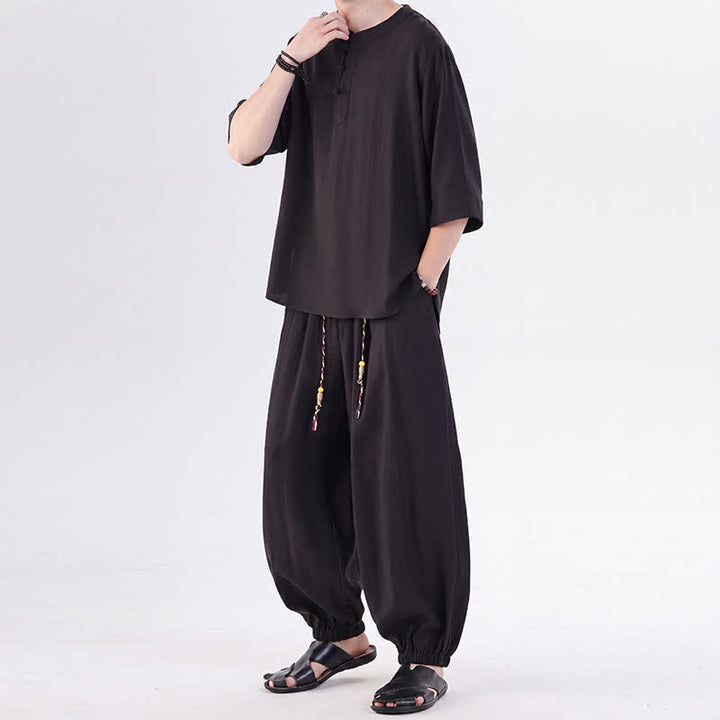Buddha Stones Chemise et pantalon style Tang printemps-été, manches 3/4, couleur unie, avec poches, style grenouille. - image 25