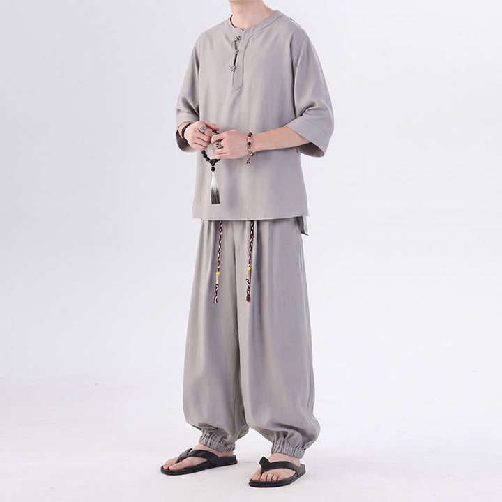 Buddha Stones Chemise et pantalon style Tang printemps-été, manches 3/4, couleur unie, avec poches, style grenouille. - image 19