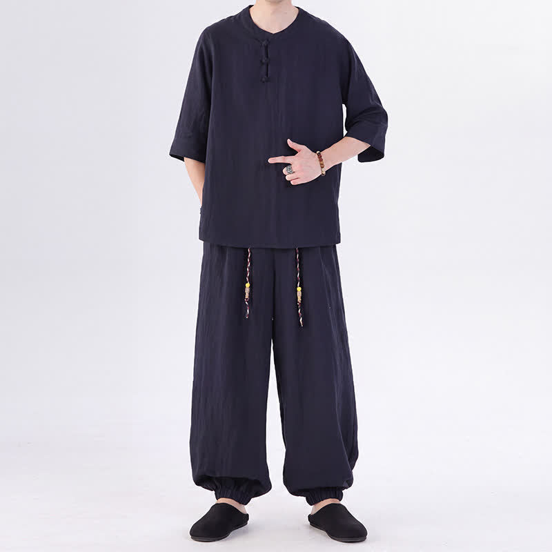 Buddha Stones Chemise et pantalon style Tang printemps-été, manches 3/4, couleur unie, avec poches, style grenouille. - image 50