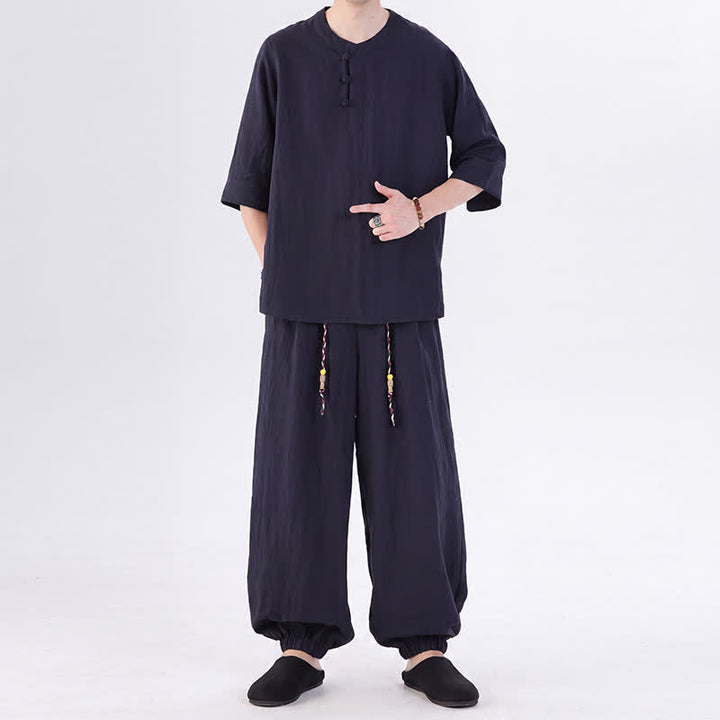 Buddha Stones Chemise et pantalon style Tang printemps-été, manches 3/4, couleur unie, avec poches, style grenouille. - image 50