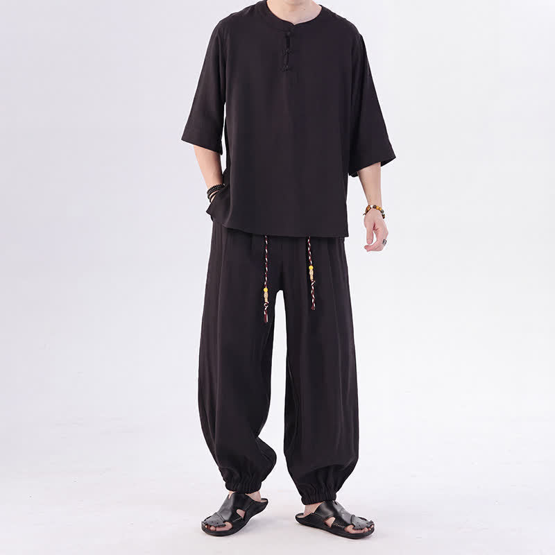 Buddha Stones Chemise et pantalon style Tang printemps-été, manches 3/4, couleur unie, avec poches, style grenouille. - image 27