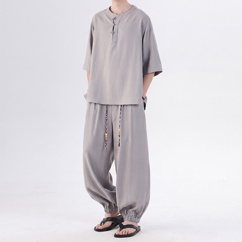 Buddha Stones Chemise et pantalon style Tang printemps-été, manches 3/4, couleur unie, avec poches, style grenouille. - image 12