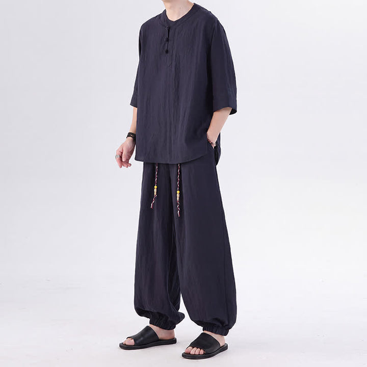 Buddha Stones Chemise et pantalon style Tang printemps-été, manches 3/4, couleur unie, avec poches, style grenouille. - image 49