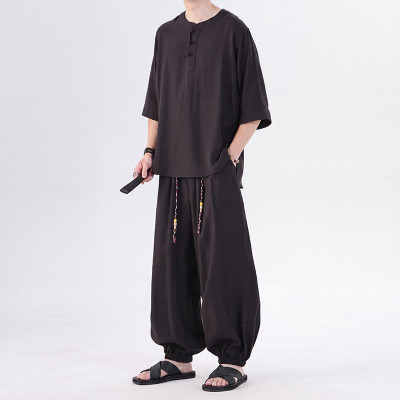 Buddha Stones Chemise et pantalon style Tang printemps-été, manches 3/4, couleur unie, avec poches, style grenouille. - image 24