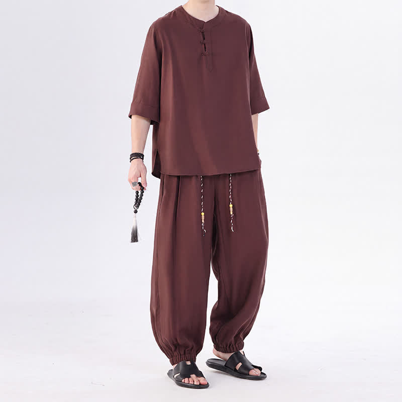 Buddha Stones Chemise et pantalon style Tang printemps-été, manches 3/4, couleur unie, avec poches, style grenouille. - image 32