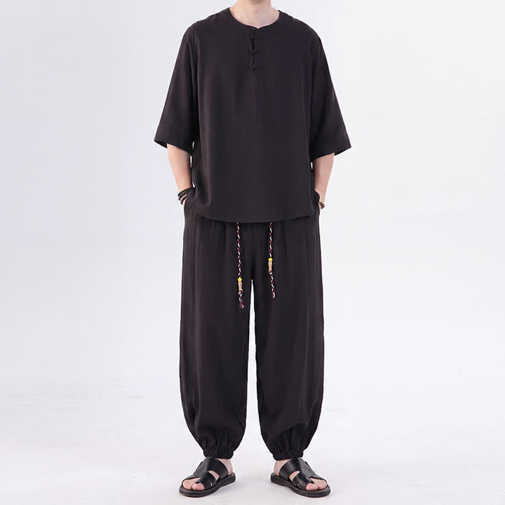 Buddha Stones Chemise et pantalon style Tang printemps-été, manches 3/4, couleur unie, avec poches, style grenouille. - Noir - US/UK/AU46，EU56 (5XL) - image 20