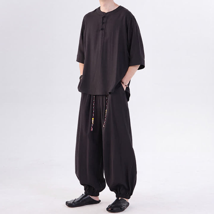 Buddha Stones Chemise et pantalon style Tang printemps-été, manches 3/4, couleur unie, avec poches, style grenouille. - image 21