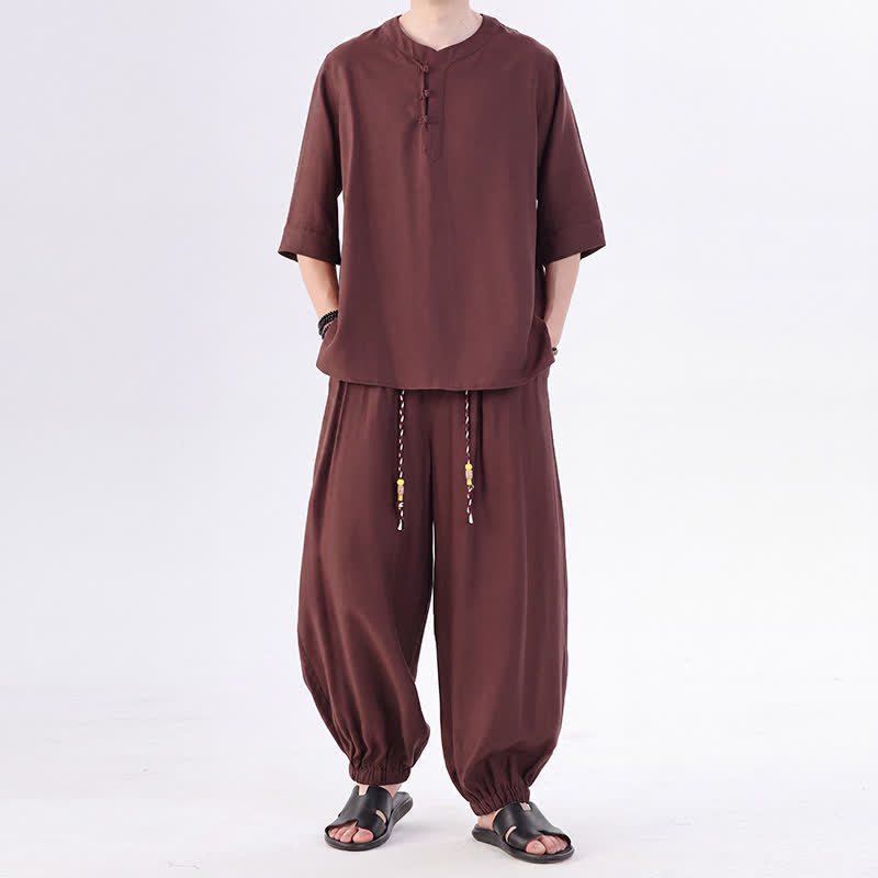 Buddha Stones Chemise et pantalon style Tang printemps-été, manches 3/4, couleur unie, avec poches, style grenouille. - Terre de sienne - US/UK/AU46，EU56 (5XL) - image 30