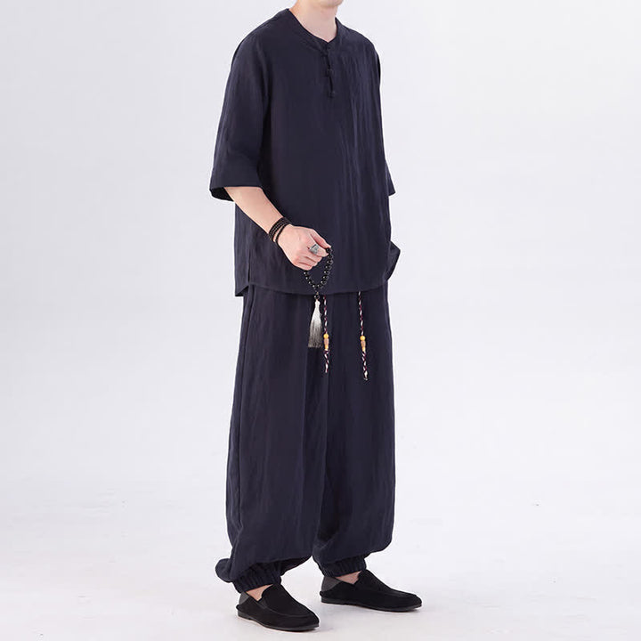 Buddha Stones Chemise et pantalon style Tang printemps-été, manches 3/4, couleur unie, avec poches, style grenouille. - image 41