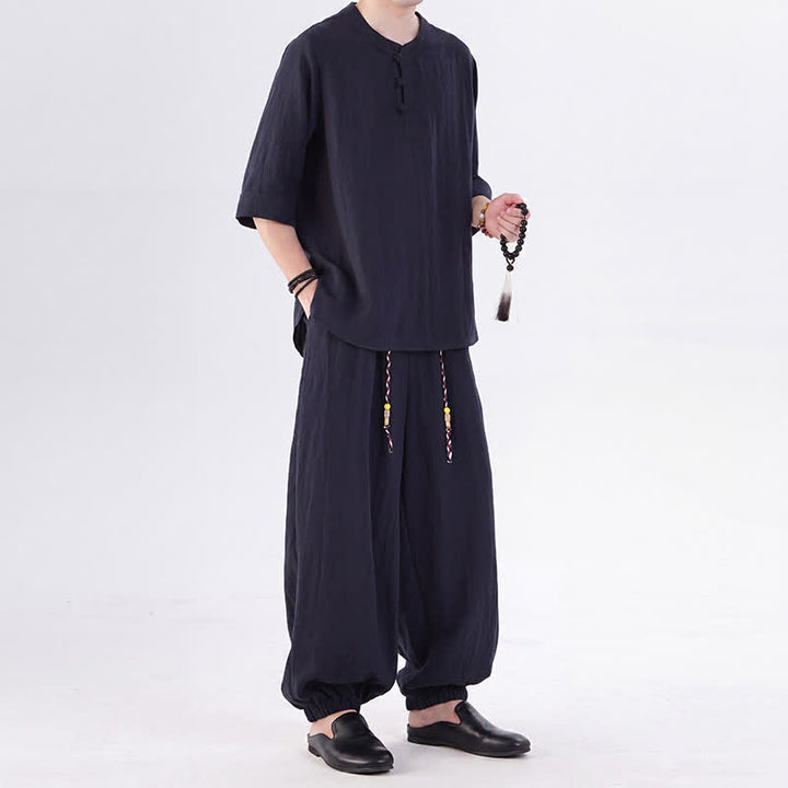 Buddha Stones Chemise et pantalon style Tang printemps-été, manches 3/4, couleur unie, avec poches, style grenouille. - image 45